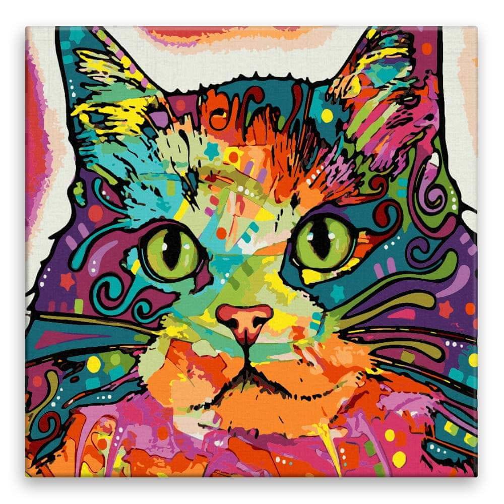 Malujsi  Maľovanie podľa čísel - Farebná mačka so zelenými očami - 80x80 cm,  bez dreveného rámu značky Malujsi
