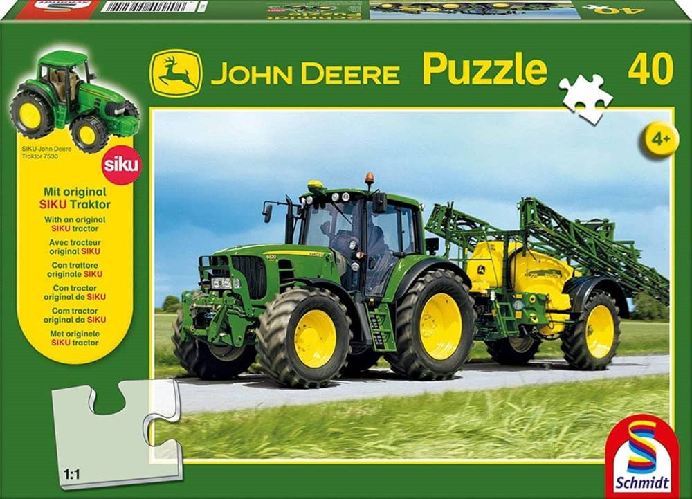Schmidt  Puzzle John Deere Traktor 6630 s postrekovačom 40 dielikov + model SIKU značky Schmidt