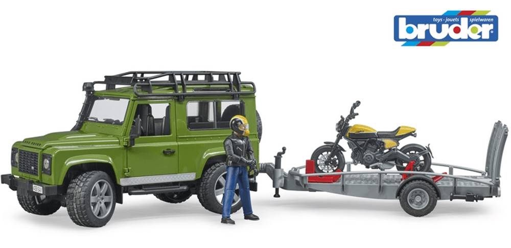 BRUDER  2589 Land Rover s přívěsem,  motocyklem a figurkou značky BRUDER