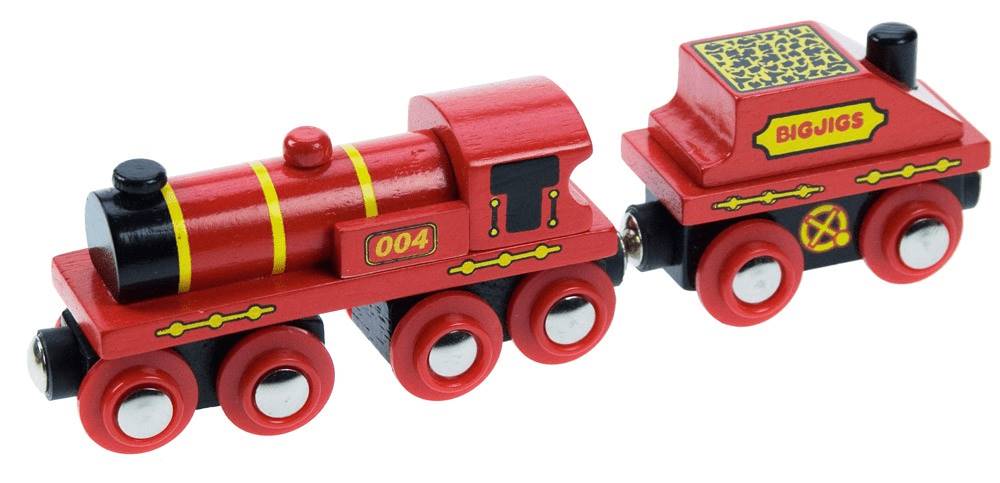 Bigjigs Rail  Červená lokomotíva s tendrom + 3 koľaje značky Bigjigs Rail