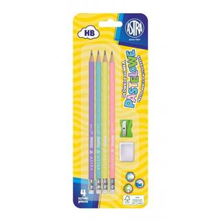 Astra Pastel, 4x obyčajná HB ceruzka s merítkom a gumou,  strúhadlo+guma,  blister,  206120007