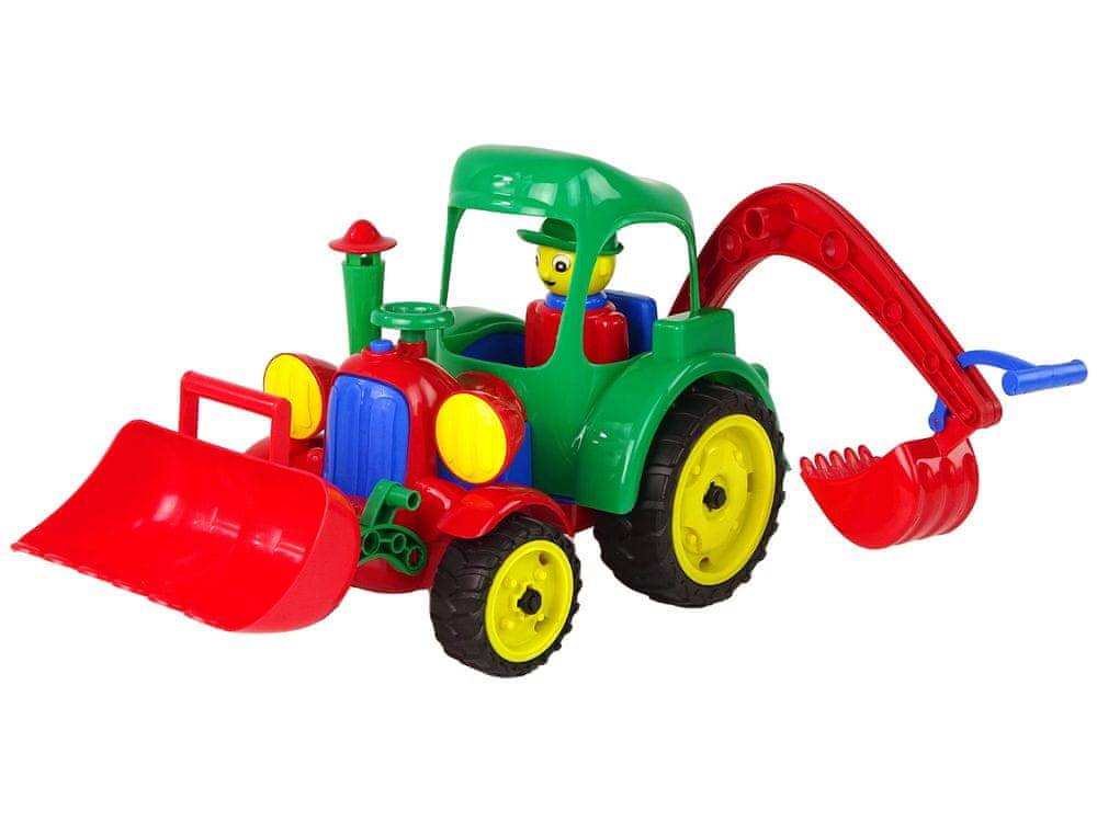 Lean-toys  Veľké traktorové rýpadlo s obrázkovými gumenými kolesami s pohyblivými lyžicami značky Lean-toys