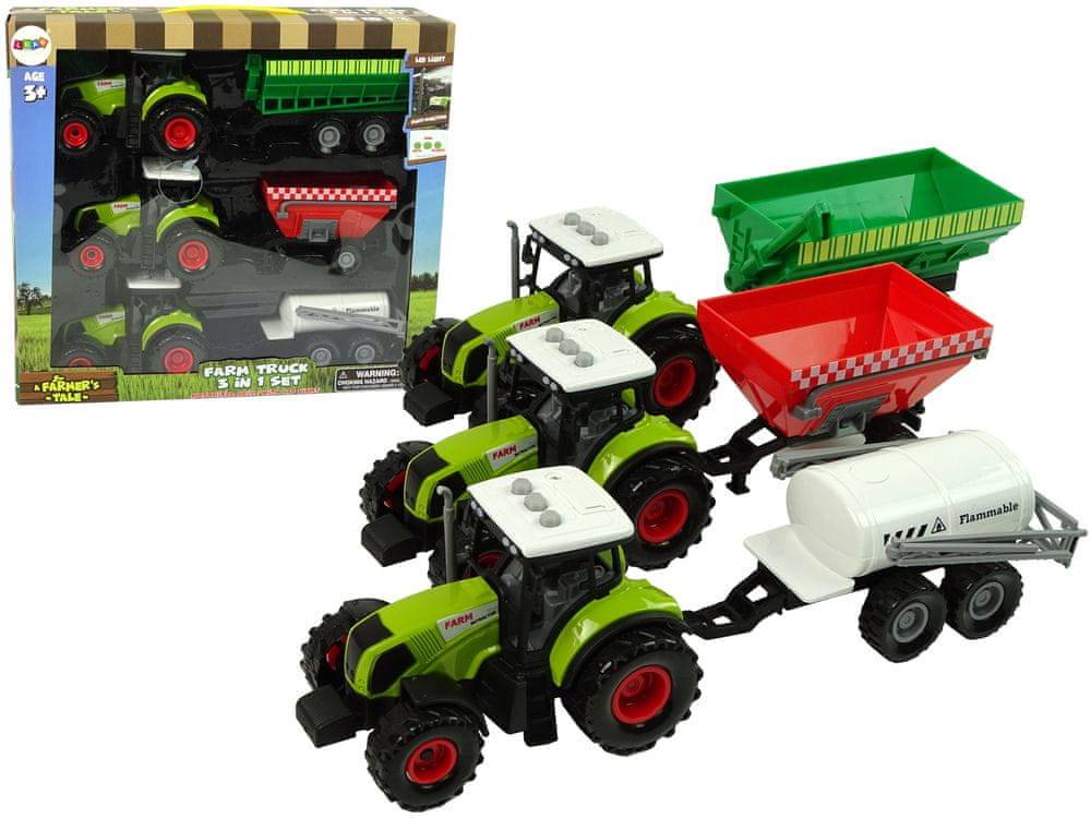 Lean-toys  Sada troch traktorov Prívesný postrekovač Poľnohospodársky traktor značky Lean-toys