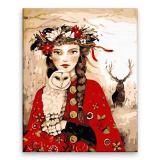 Malujsi Maľovanie podľa čísel - Žena,  sova a jeleň - 80x100 cm,  bez dreveného rámu