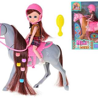 Bábika jazdkyňa 16 cm s koňom 25, 5 cm a doplnky (ružový,  šedý)