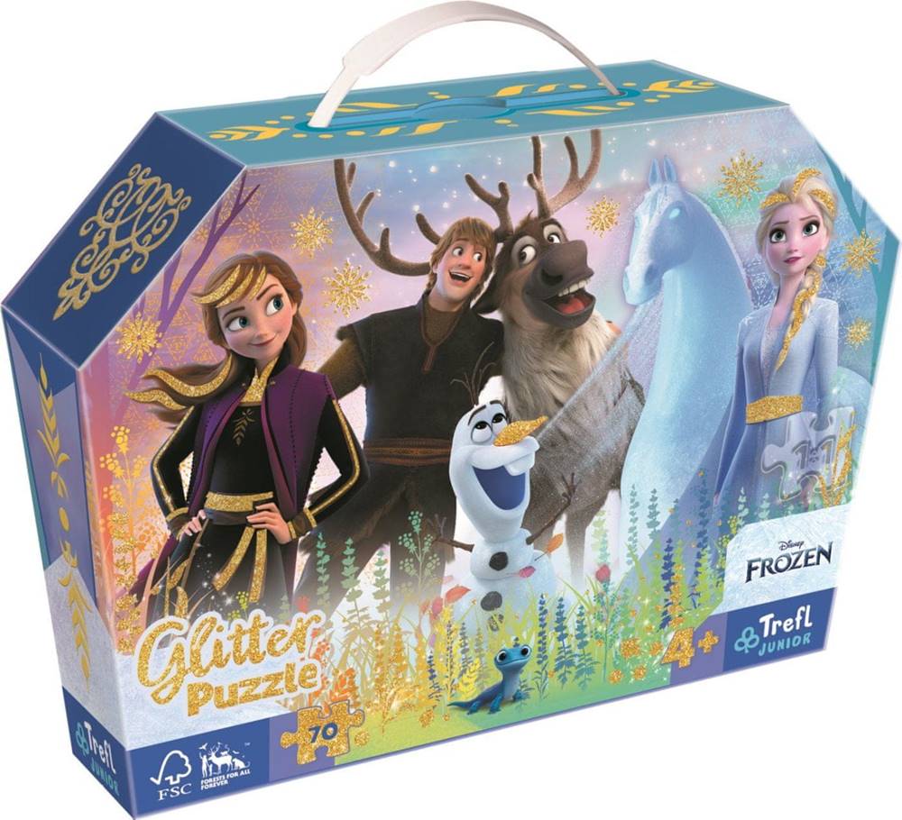 Trefl  Trefľ Trblietavé Glitter puzzle v kufríku Disney Frozen: Kúzelné priateľstvo 70 dielikov značky Trefl