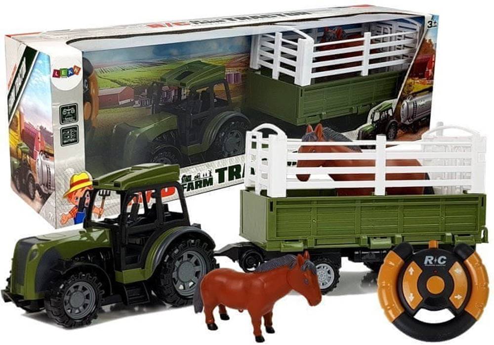 Lean-toys  Zelený traktor s vysokým prívesom Figúrka koňa na diaľkové ovládanie 2.4G značky Lean-toys
