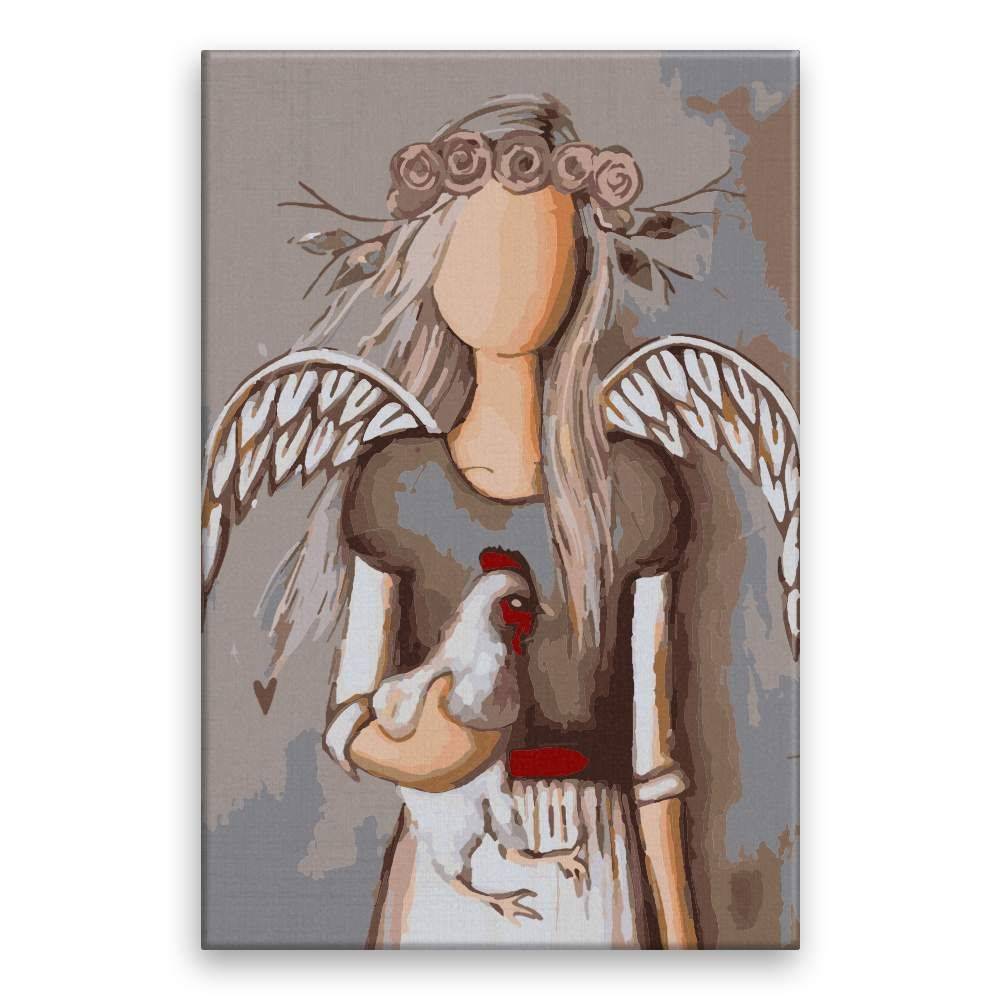 Malujsi  Maľovanie podľa čísel - Anjel so sliepkou - 40x60 cm,  plátno vypnuté na rám značky Malujsi