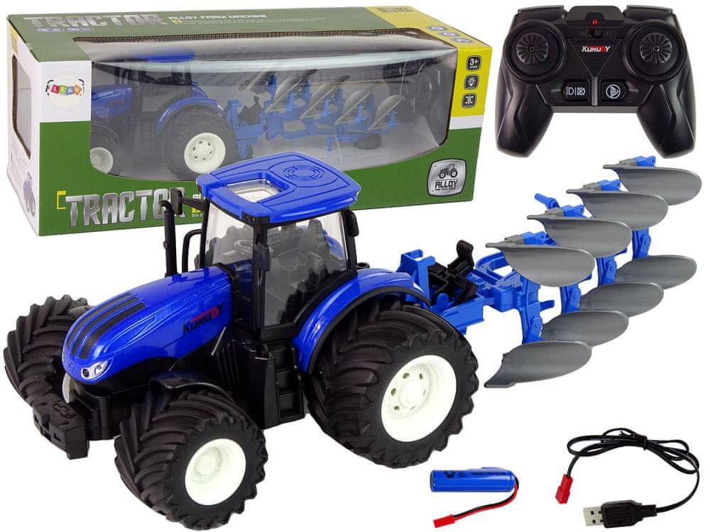 Lean-toys  Traktor na diaľkové ovládanie 1:24 Modrý pluh Kov značky Lean-toys