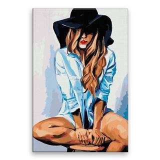 Malujsi Maľovanie podľa čísel - Dievča s modrou košeľou a čiernym klobúkom - 40x60 cm,  bez dreveného rámu