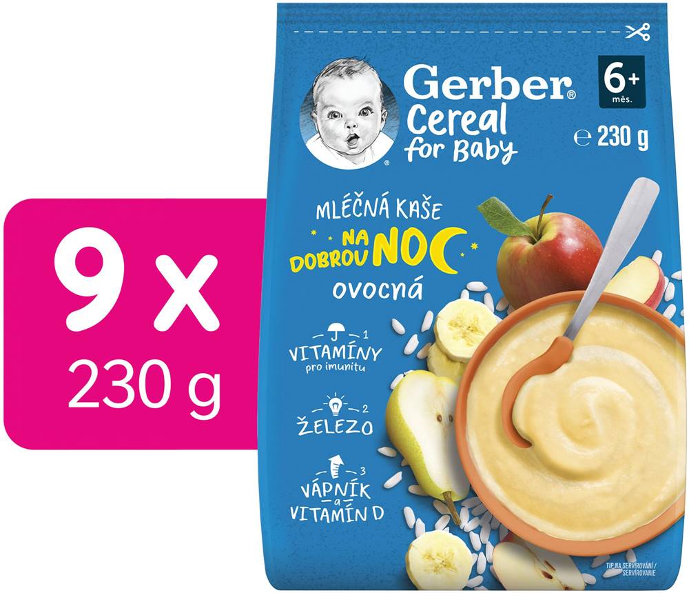Gerber  Cereal mliečna kaša ovocná Dobrú noc 9x230 g značky Gerber