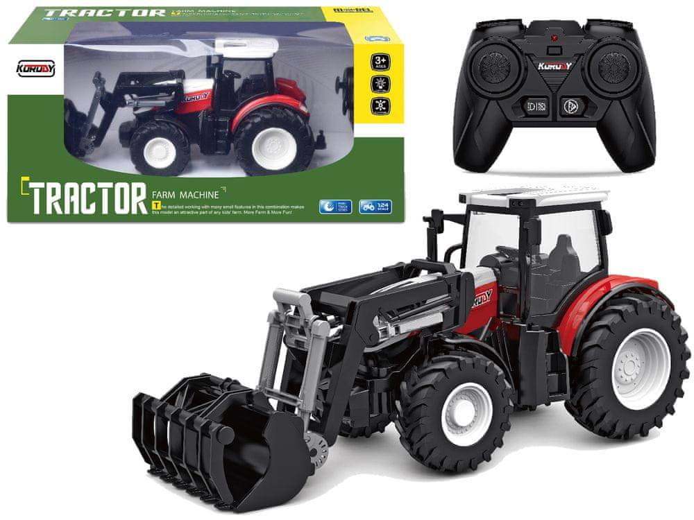 Lean-toys  Červený diaľkovo ovládaný traktor 2, 4 G s pohyblivou lyžicou 1:24 značky Lean-toys