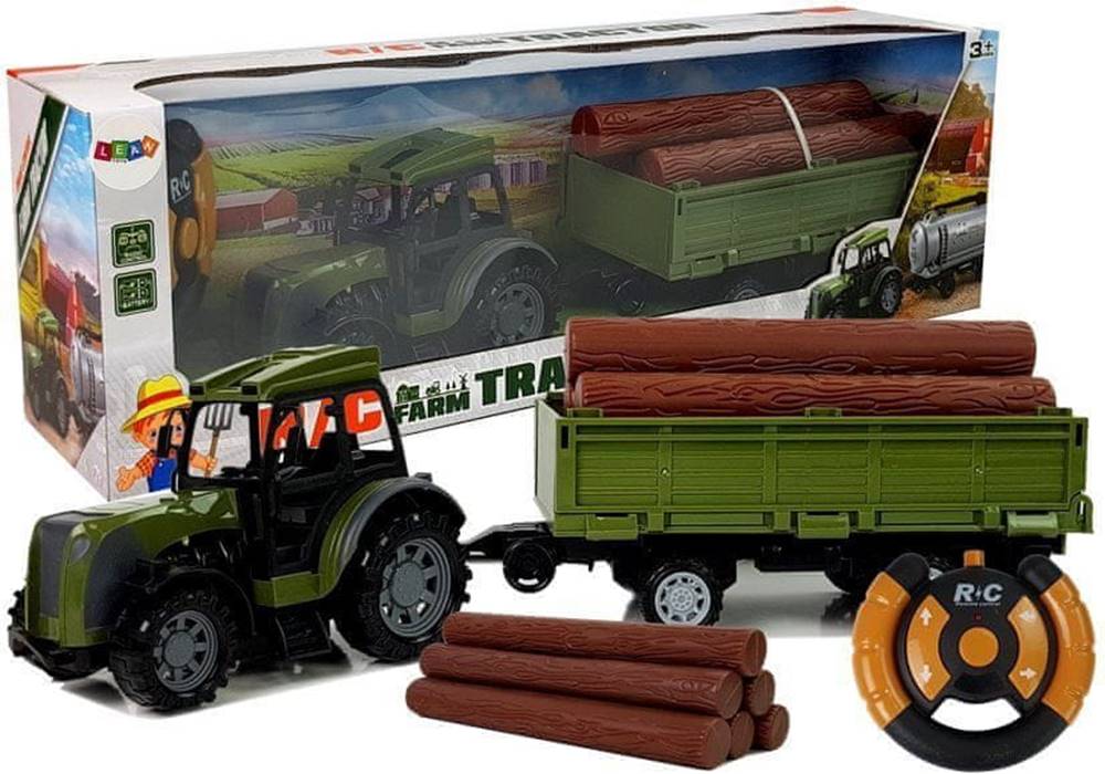 Lean-toys  Zelený traktor s prívesom na drevené balíky na diaľkové ovládanie 2.4G značky Lean-toys
