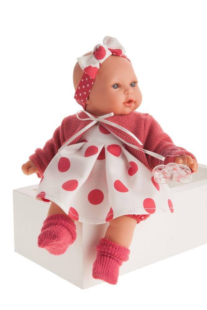 Antonio Juan  Realistická bábika bábätko holčička Kika v puntíkovaných šatech červené puntíky značky Antonio Juan