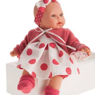 Antonio Juan  Realistická bábika bábätko holčička Kika v puntíkovaných šatech červené puntíky značky Antonio Juan