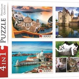 Puzzle Santorini,  Benátky,  Zámek Sully-sur-Loire a Kočky 4x1000 dílků