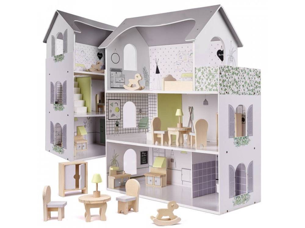 HUKA  KIK KX6278 Drevený domček pre bábiky + nábytok 70 cm,  šedý značky HUKA