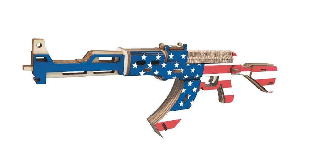 Woodcraft   Dřevěné 3D puzzle Samopal AK47 v barvách Americké vlajky značky Woodcraft