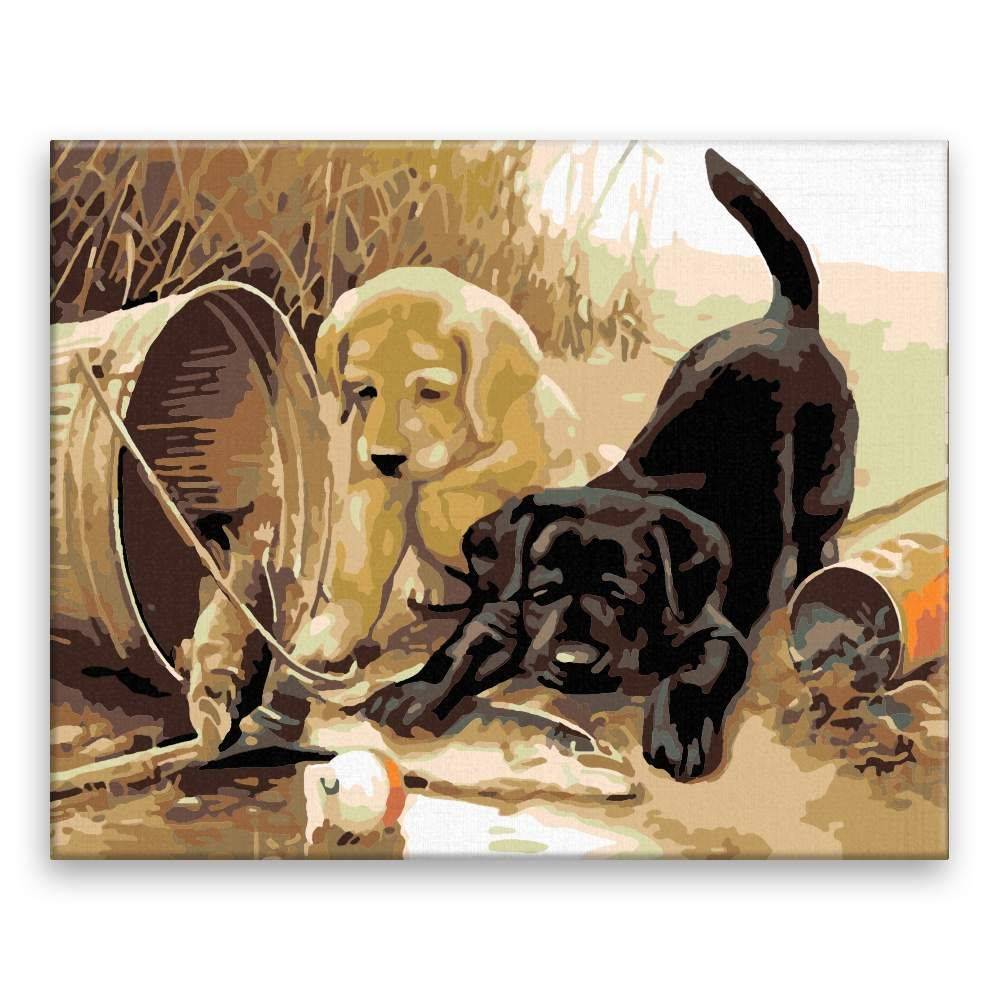 Malujsi  Maľovanie podľa čísel - Čierne a zlaté šteniatko - 100x80 cm,  plátno vypnuté na rám značky Malujsi