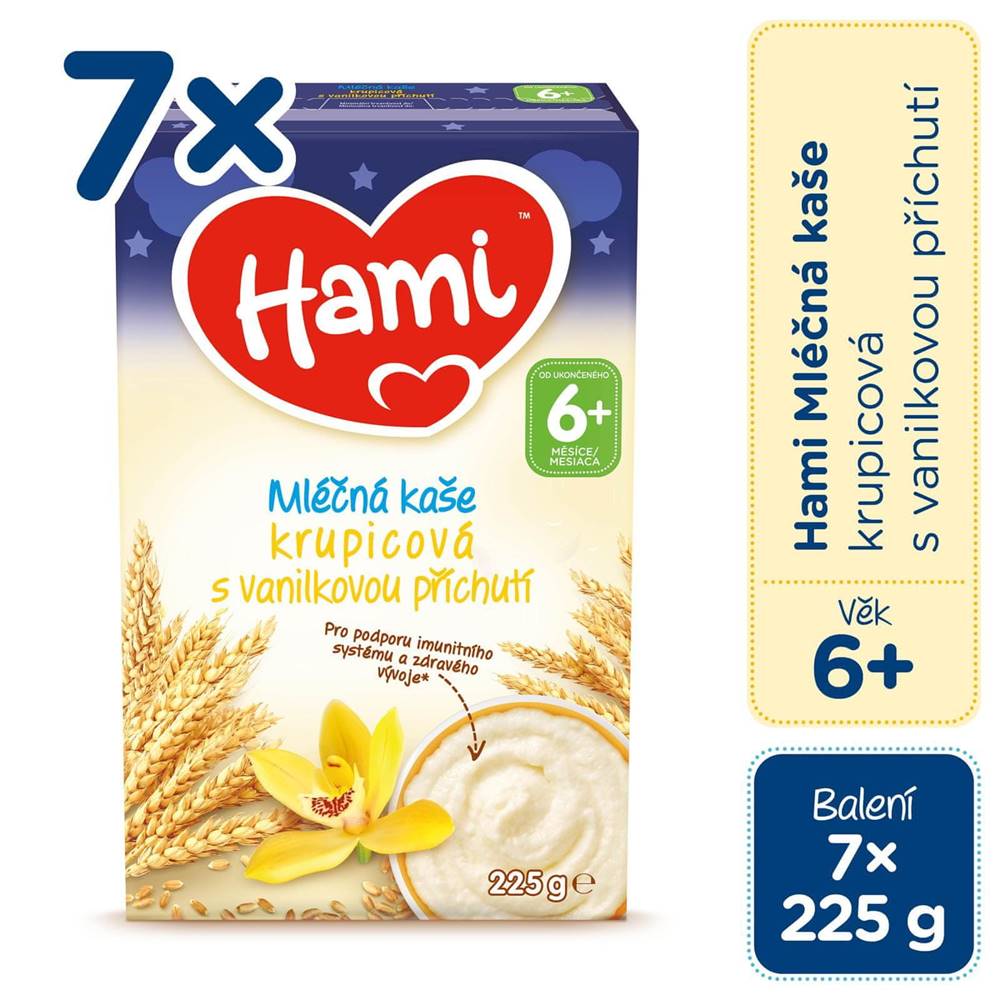 Hami  mliečna kaša krupicová vanilková na dobrú noc 7x 225g,  6+ značky Hami