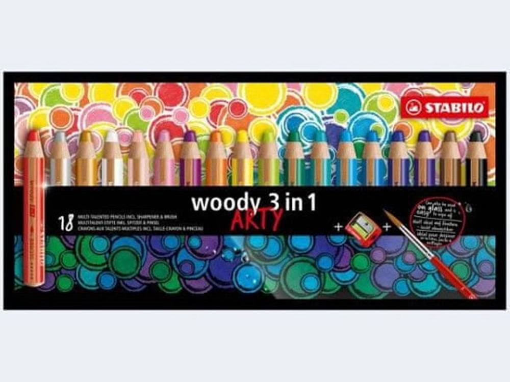  Pastelky STABILO Woody 3in1,  sada 18 ks v pouzdru s ořezávátkem a štětcem ARTY