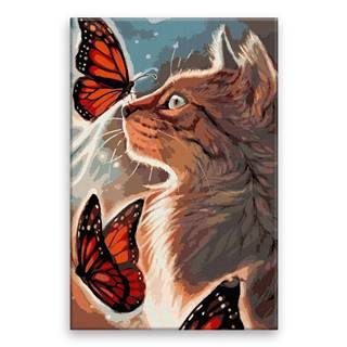 Malujsi Maľovanie podľa čísel - Mačka a motýľ - 40x60 cm,  plátno vypnuté na rám