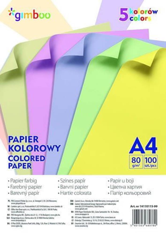 Gimboo  Sada farebných papierov A4 80 g/m2,  100 listov,  mix pastelových farieb značky Gimboo