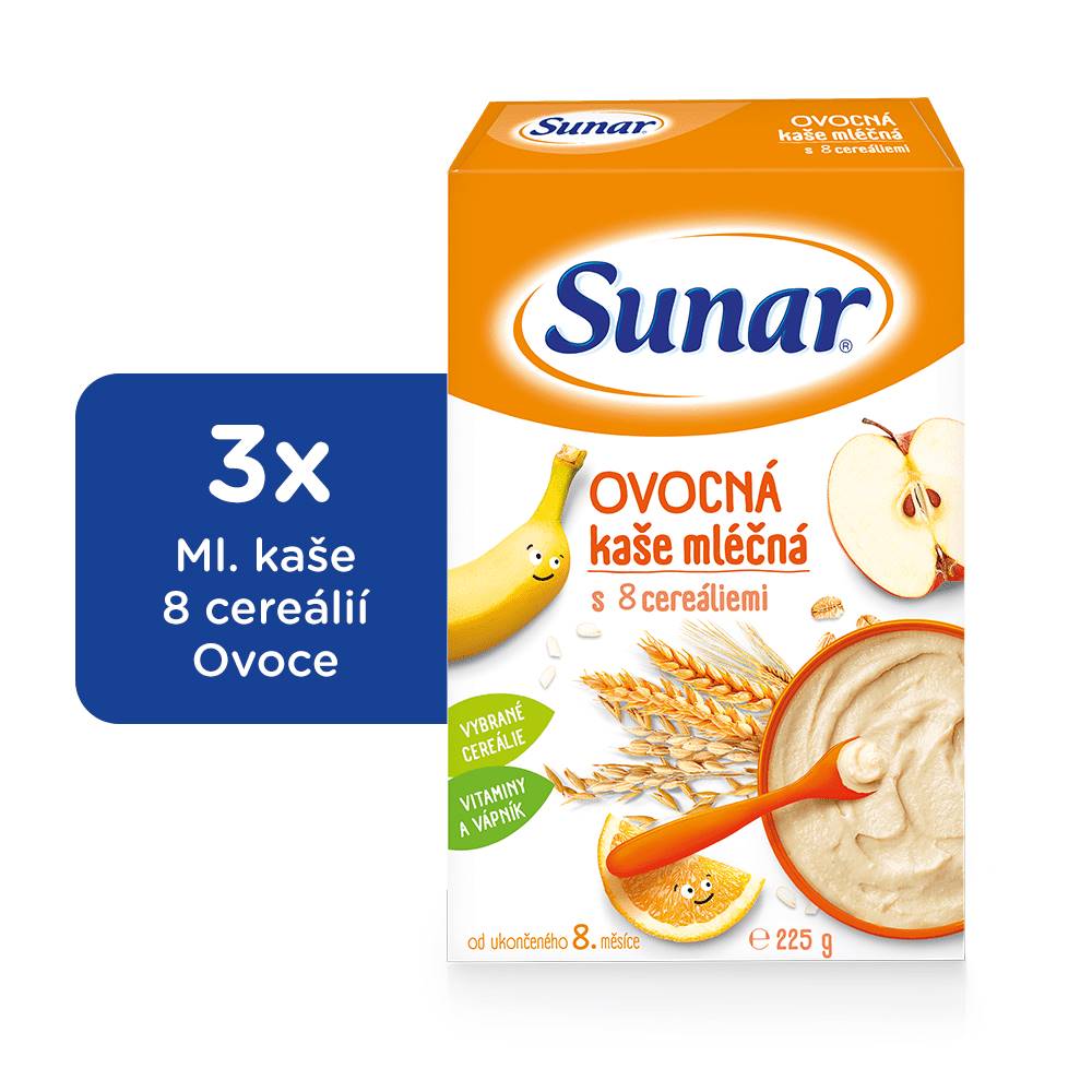 Sunar  ovocná mliečna kaša s 8 cereáliami 3 × 225 g značky Sunar