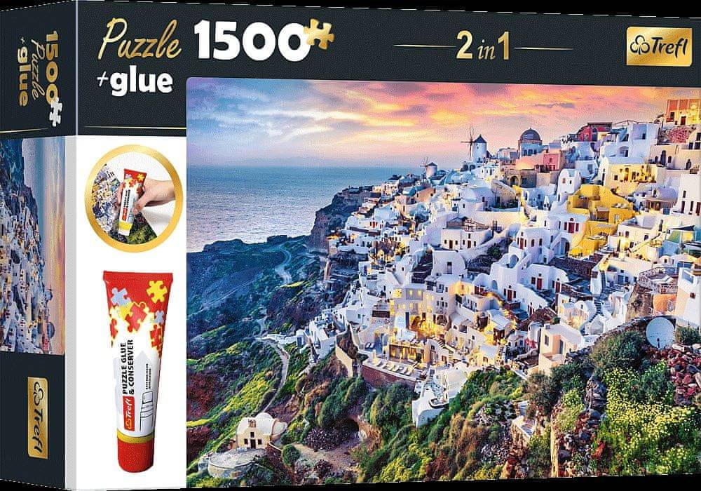 Trefl  Sada 2v1 puzzle Nádherný ostrov Santorini,  Grécko 1500 dielikov s lepidlom značky Trefl