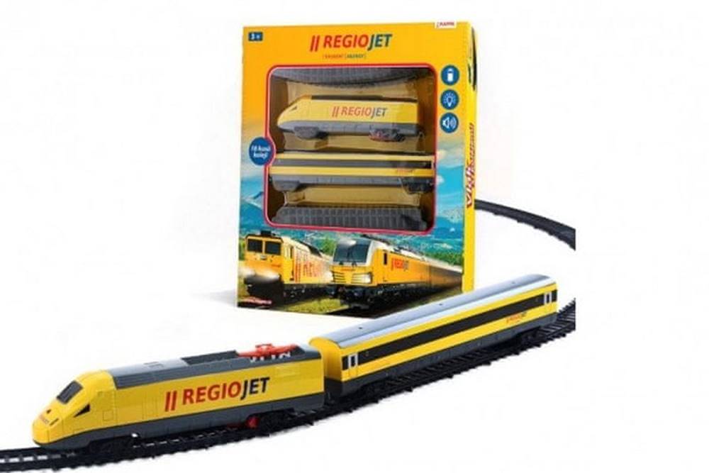 Rappa  Vlak žlutý RegioJet s kolejnicemi 18ks plast se zvukem a světlem v krabici 38x43x6cm značky Rappa
