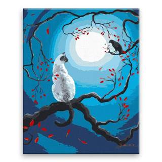 Malujsi Maľovanie podľa čísel - Biela mačka a vrana pri splne mesiaca - 40x50 cm,  bez dreveného rámu